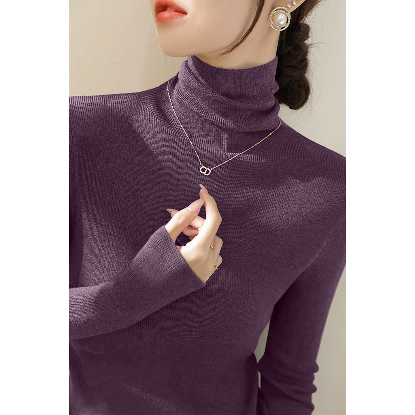 羽绒服内搭不起球深紫色高领毛衣女秋冬新款堆堆领针织打底衫上衣