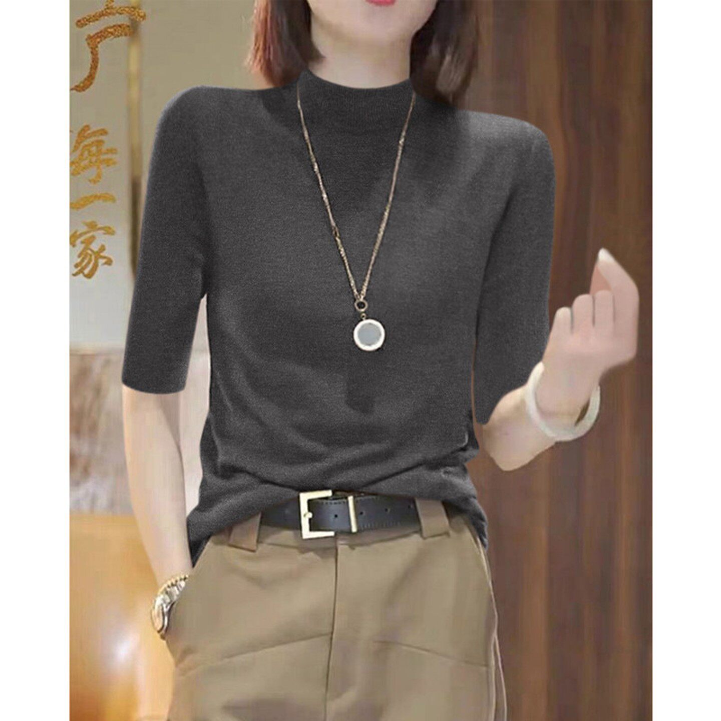 高级灰色半高领五分袖针织衫女春季内搭毛衣女修身中袖打底衫上衣