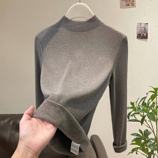 小立领加绒打底衫女秋冬羽绒服内搭长袖T恤高端大牌半高领上衣