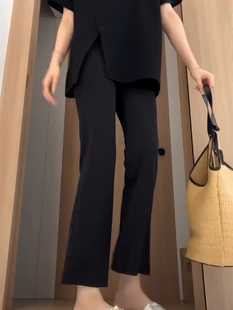 子女秋季 松紧腰九分喇叭裤 高腰显瘦女裤 马蹄裤 弹力修身 黑色微喇裤