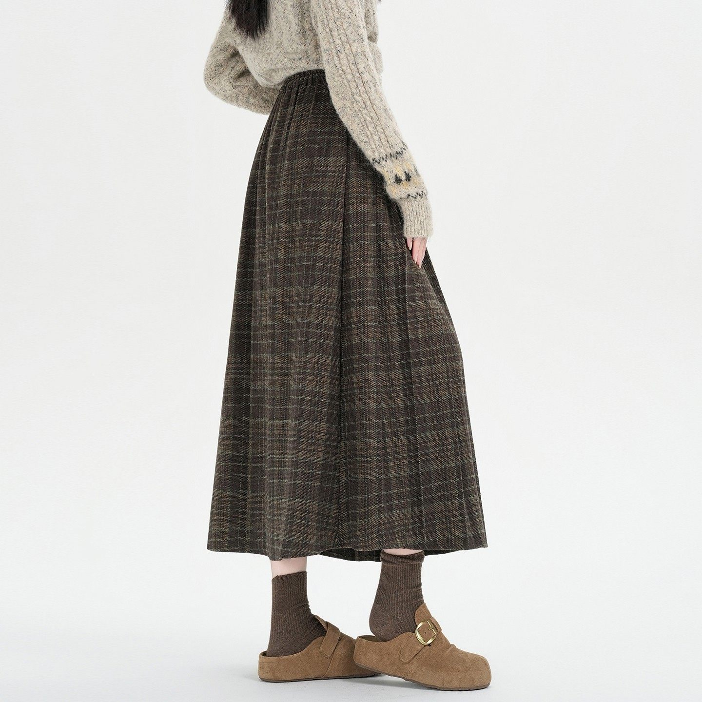 毛呢百褶半身裙女秋冬复古高级感格子裙梨形身材松紧腰A字长裙子