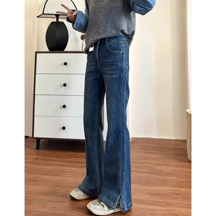 复古蓝开叉微喇牛仔裤 女秋冬加绒高腰直筒显瘦小个子百搭喇叭裤
