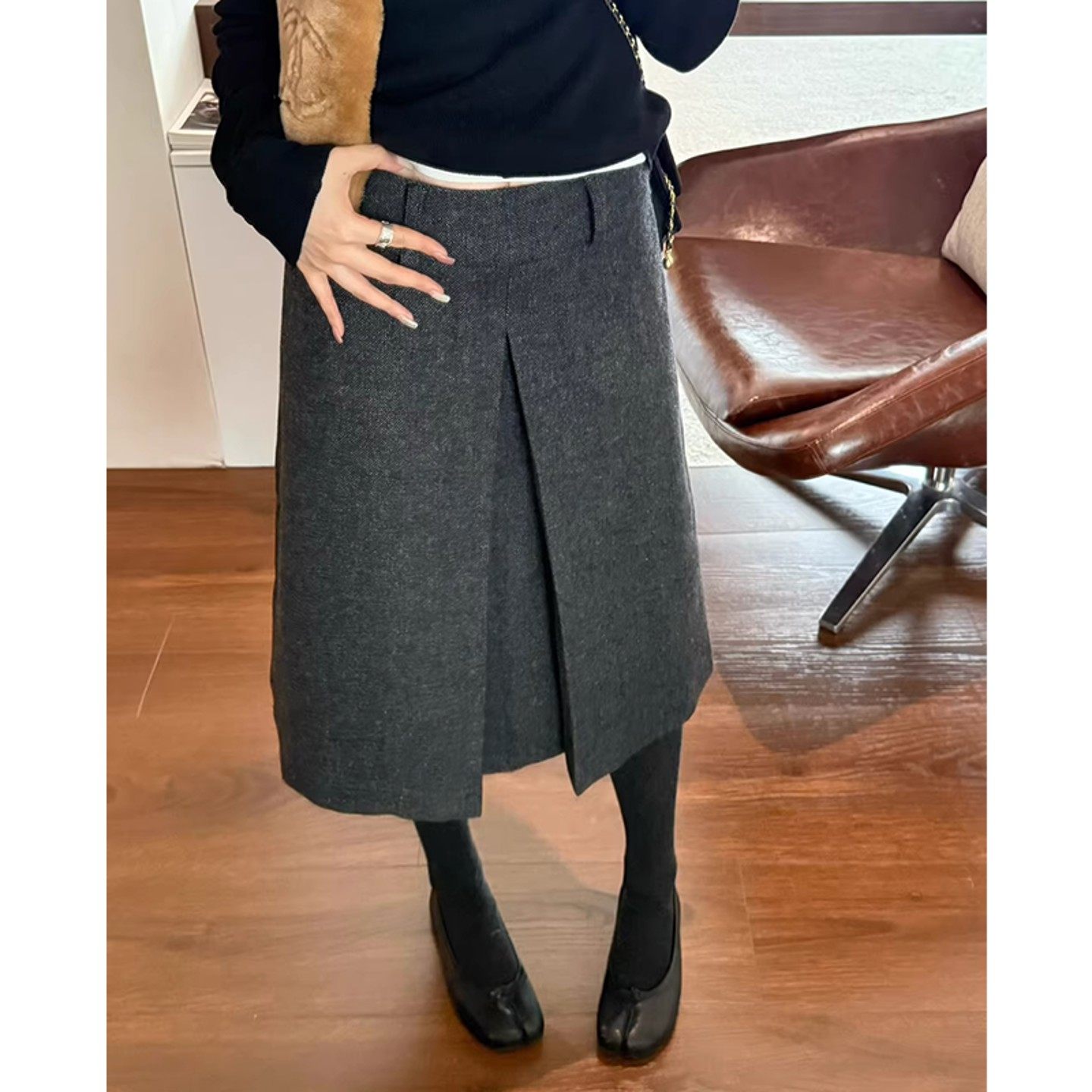 深灰色毛呢半身裙女秋冬新款高腰开叉a字裙气质高级感呢子中裙子
