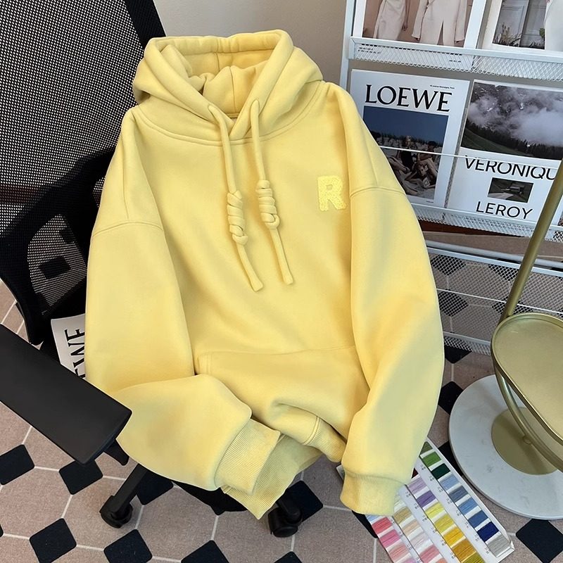 黄色字母刺绣连帽重磅卫衣女秋冬新款加绒加厚洋气减龄套头上衣