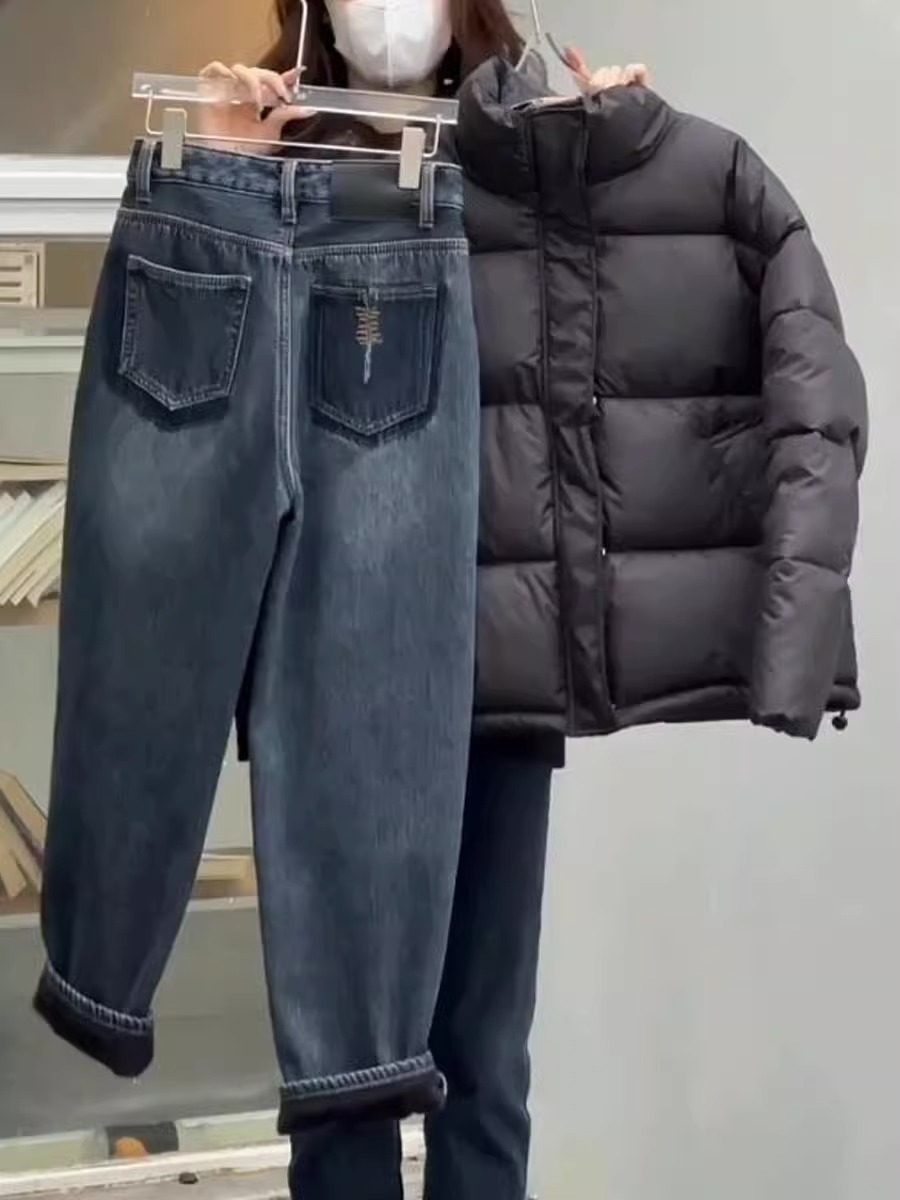 哈伦牛仔裤女秋冬加绒加厚高腰梨形身材直筒显瘦百搭九分裤老爹裤