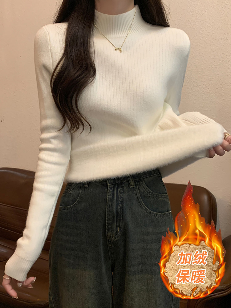 加绒加厚半高领打底衫女内搭秋冬一体绒毛衣修身中领针织衫上衣,运动/瑜伽/健身/球迷用品,瑜伽t恤,淘宝优惠券,粉丝福利购,淘宝优惠卷