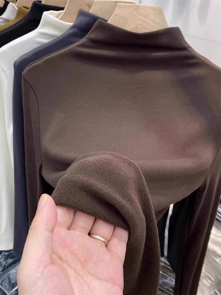 咖色半高领打底衫女秋冬洋气内搭紧身加绒磨毛长袖T恤高级感上衣