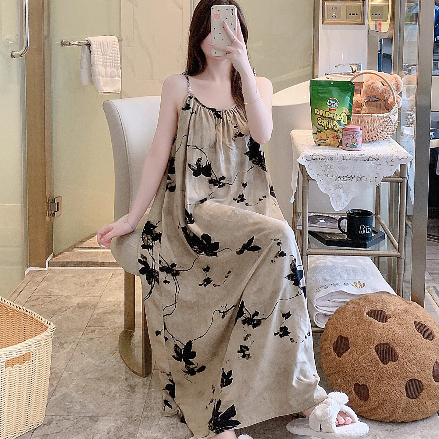 带胸垫吊带睡裙女夏棉绸睡衣妈妈孕妇人造棉洋装长版高个子外穿
