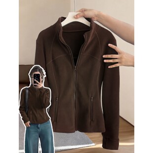 羽绒服内搭咖色修身卫衣外套女秋冬新款冲锋衣内胆加绒拉链上衣