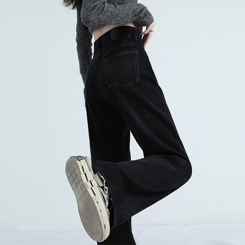 黑色窄版阔腿牛仔裤女春秋新款高腰直筒宽松百搭小个子长裤拖地裤