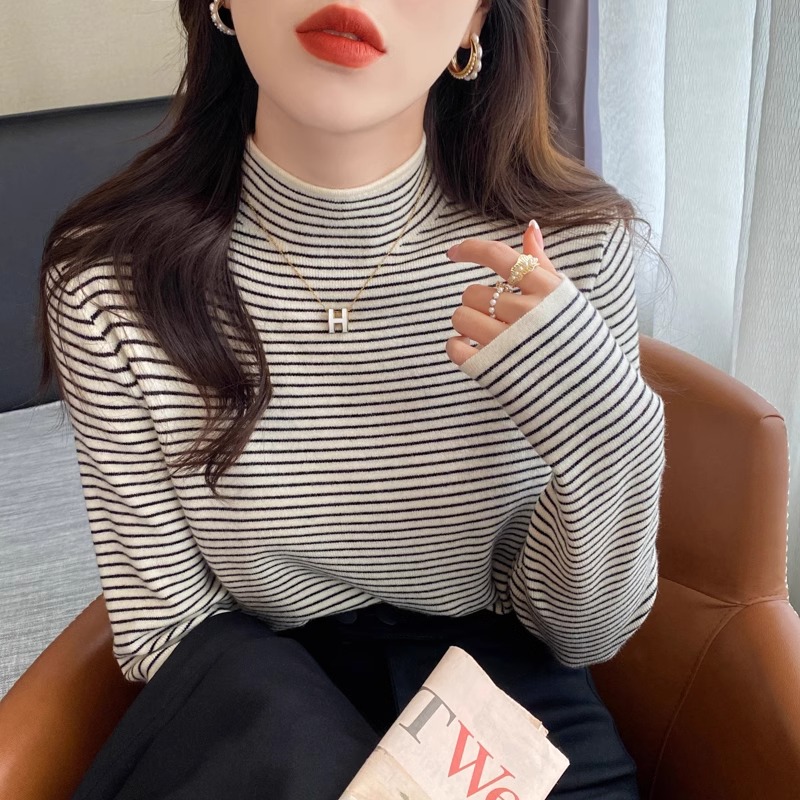 黑白条纹半高领针织衫女内搭气质毛衣感打底衫上衣1209w