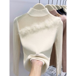 气质半高领毛边网纱拼接针织毛衣女冬季新款内搭可外穿修身打底衫