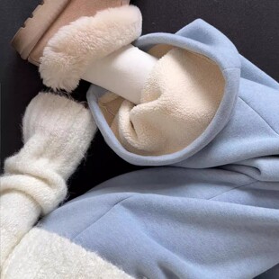 蓝色羊羔绒糯米裤子女秋冬遛弯裤直筒裤阔腿裤高腰保暖裤加绒卫裤