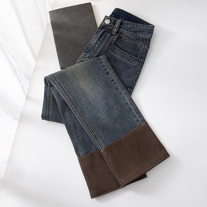 高腰直筒牛仔裤女秋冬2025年新款显瘦小个子卷边加绒九分烟管裤子