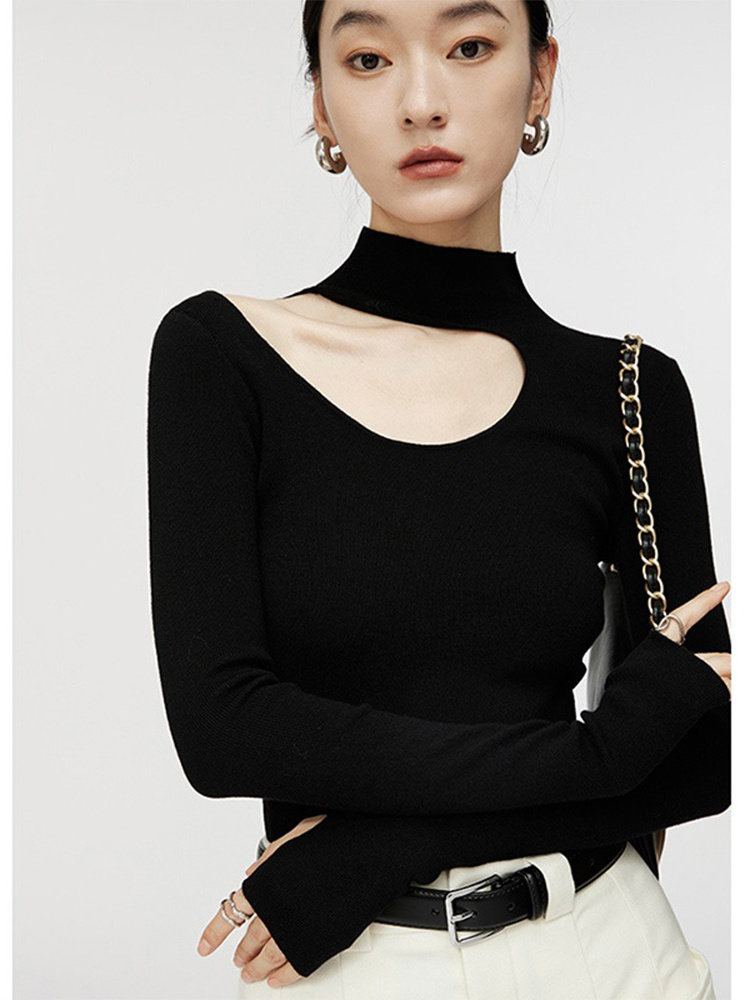 半高领挂脖针织衫女早秋2025新款设计感修身显瘦内搭打底毛衣上衣