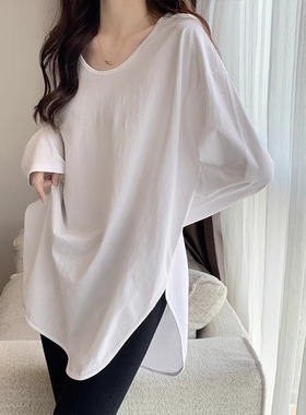 中长款白色领打底衫秋冬不规则开叉长袖T恤鲨鱼裤搭配的上衣0115k