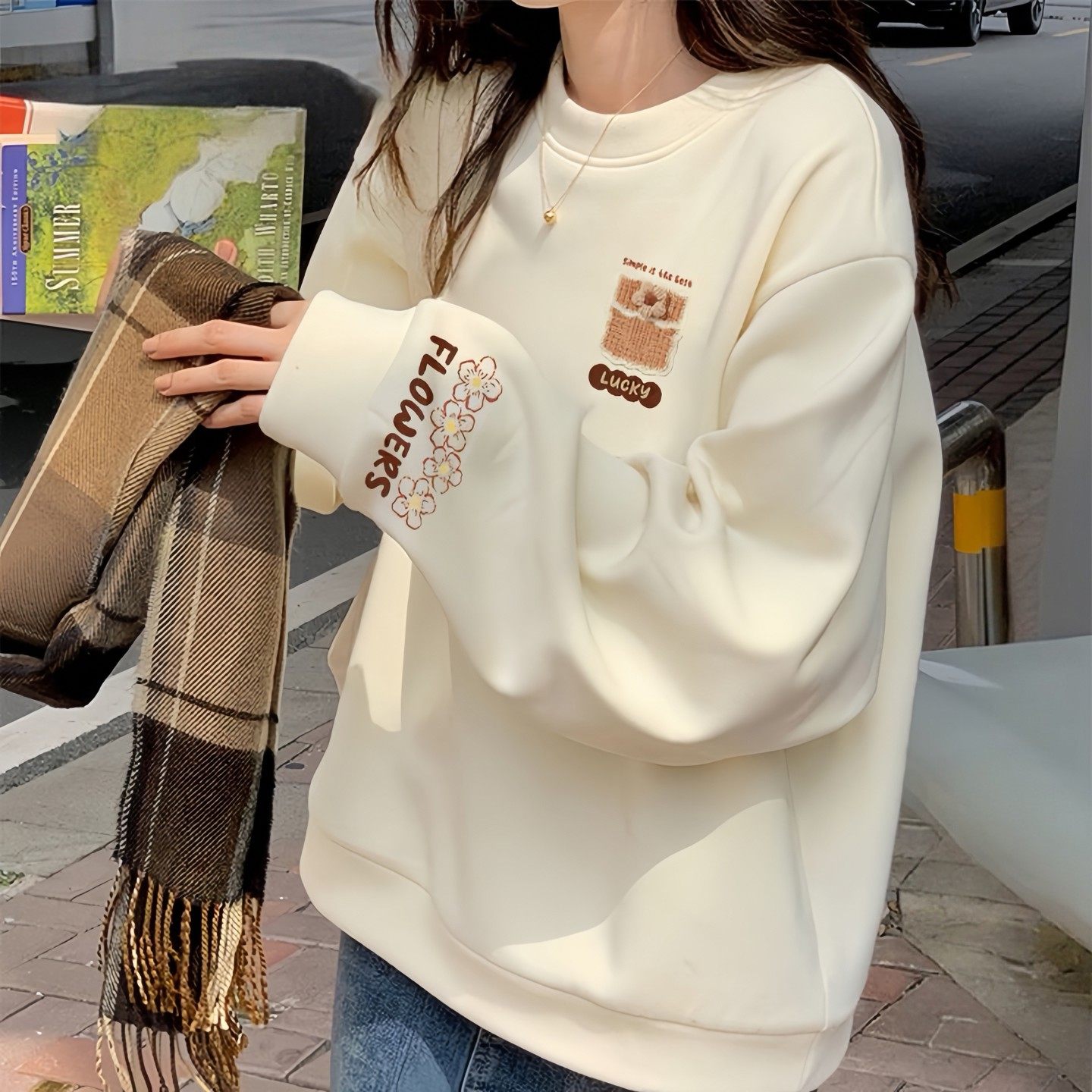 初中生学生纯棉圆领卫衣女秋冬新款加绒加厚宽松慵懒显瘦套头上衣