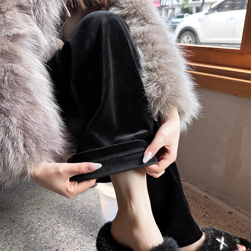 金丝绒阔腿裤女秋冬季新款黑色直筒裤垂感加绒加厚丝绒裤子拖地裤