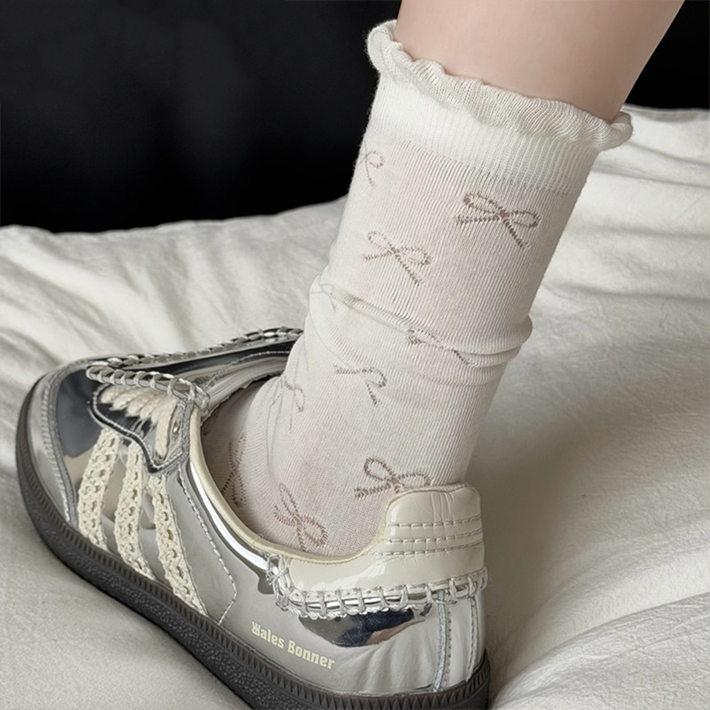 4双装白色蝴蝶结袜子女中筒袜夏季薄款芭蕾风堆堆袜纯棉透气长袜