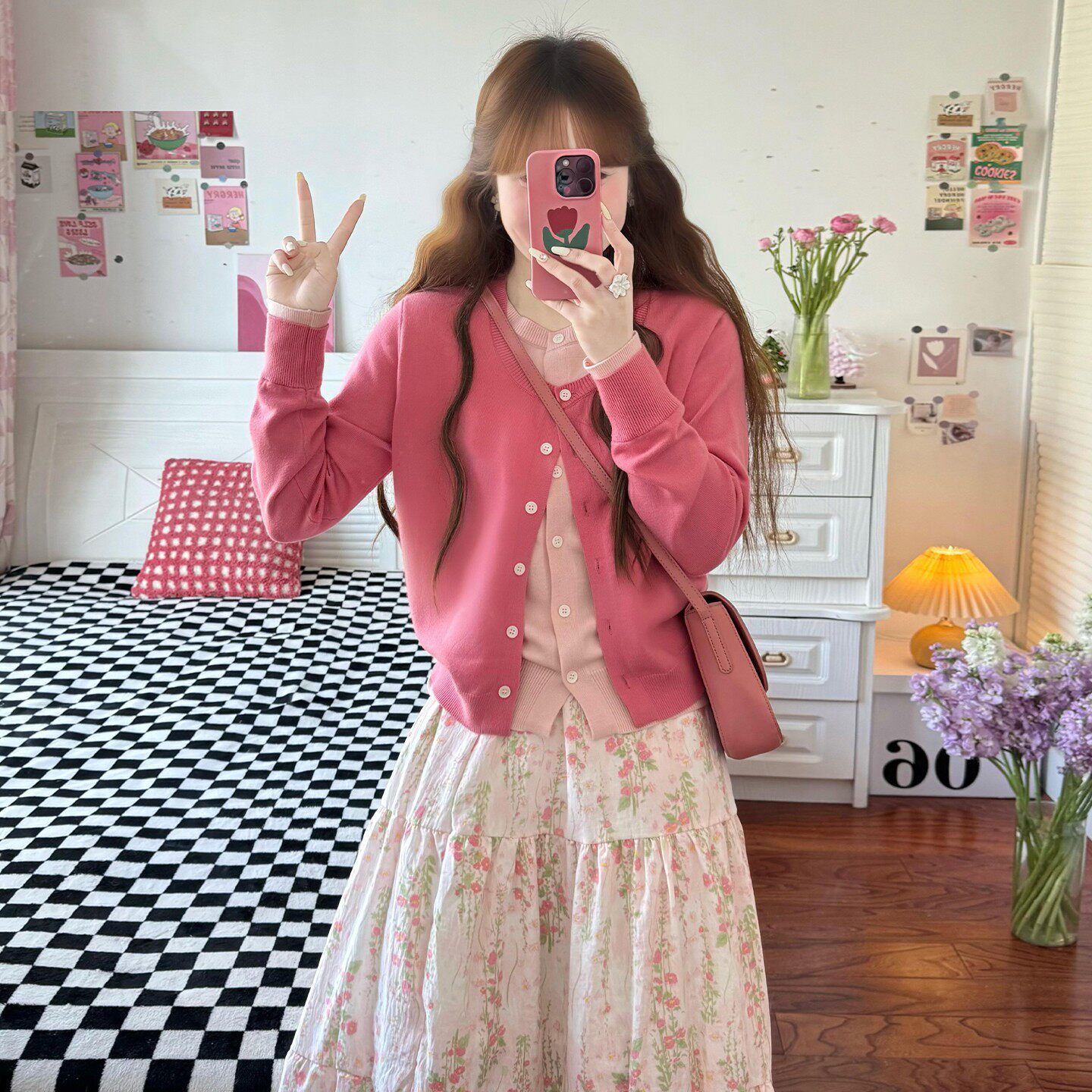 粉色假两件针织开衫女春秋季2026气质慵懒风韩系外搭毛衣外套上衣