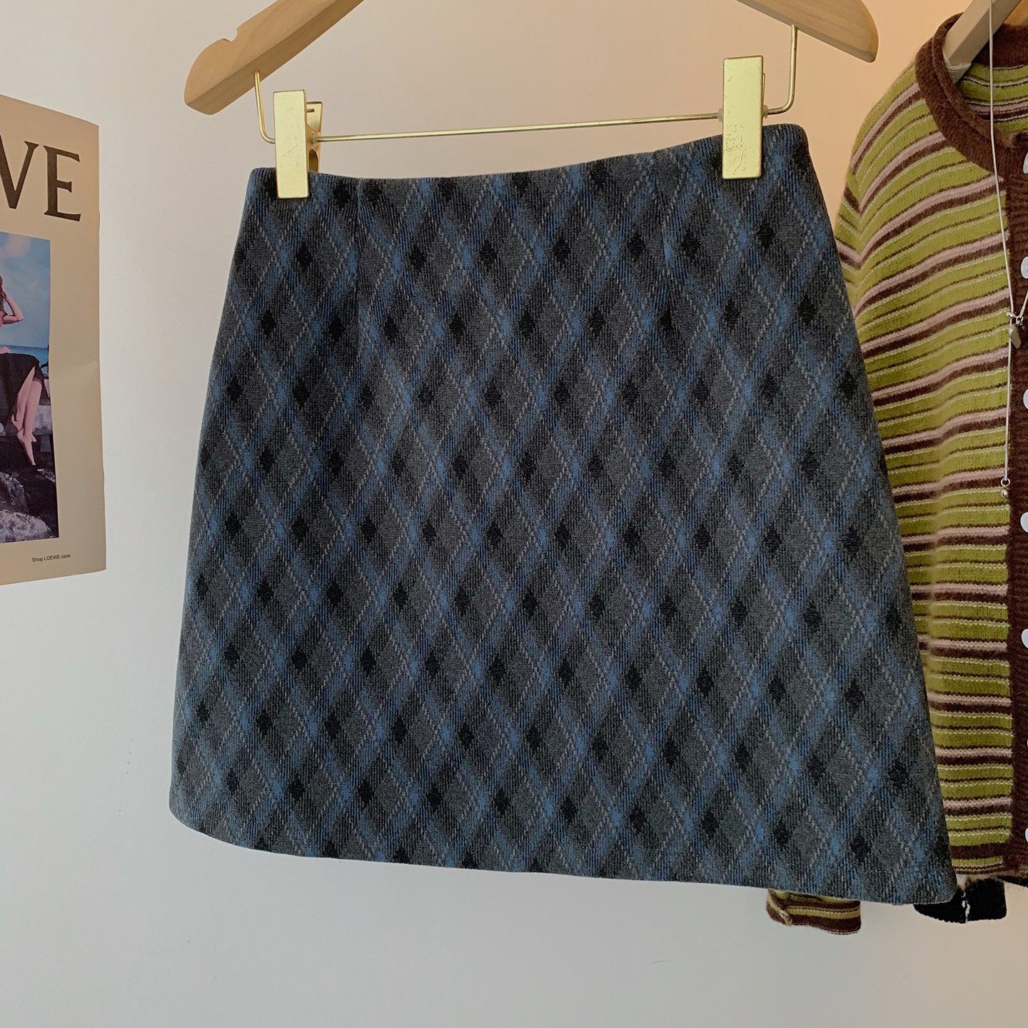 蓝灰色菱形格子半身裙女秋冬高腰a字短裙小个子打底裙毛呢包臀裙