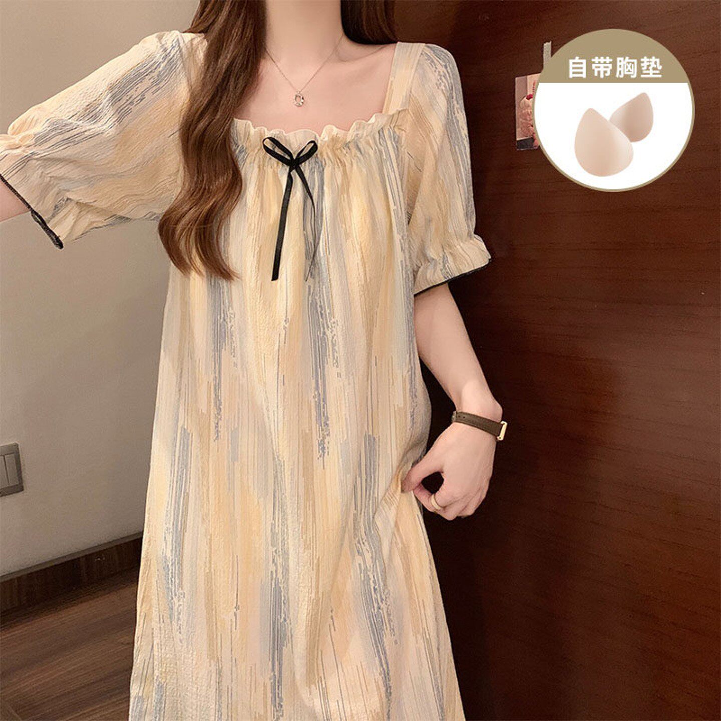 带胸垫短袖条纹睡裙女款夏季2026新款连衣裙学生睡衣家居服可外穿