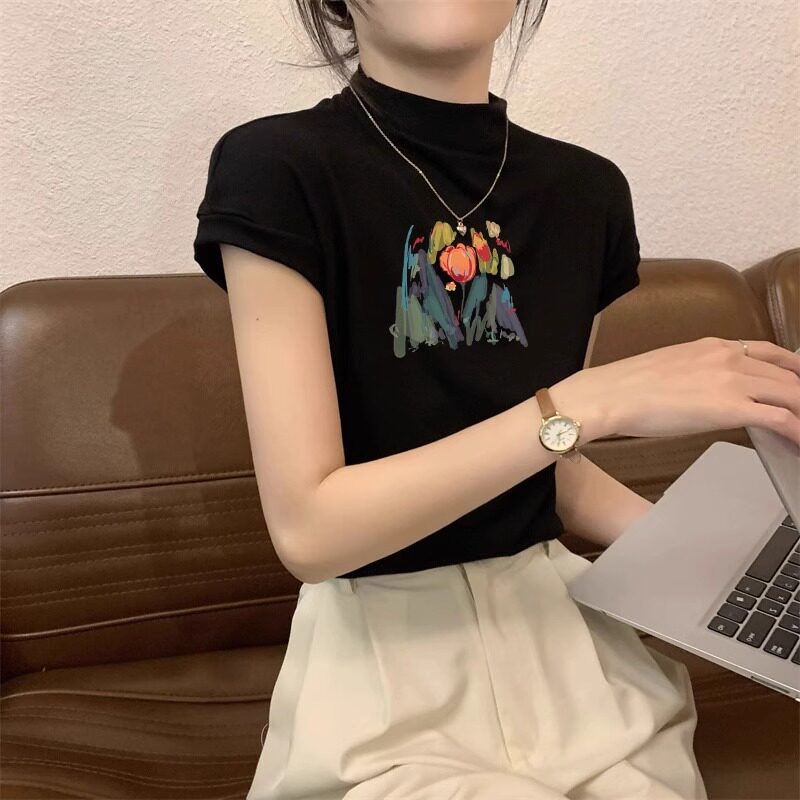 黑色半高领短袖t恤女春秋季新款修身印花T恤显瘦辣妹正肩上衣
