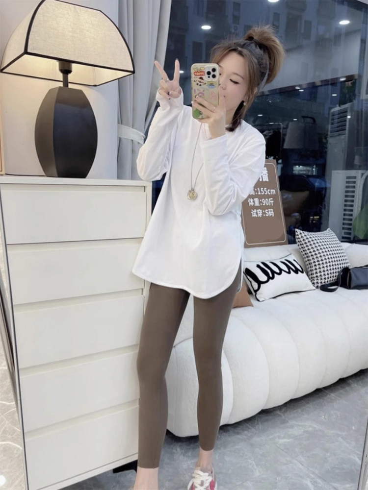 白色打底衫女春秋冬内搭中长款小个子长袖t恤搭配鲨鱼裤的上衣