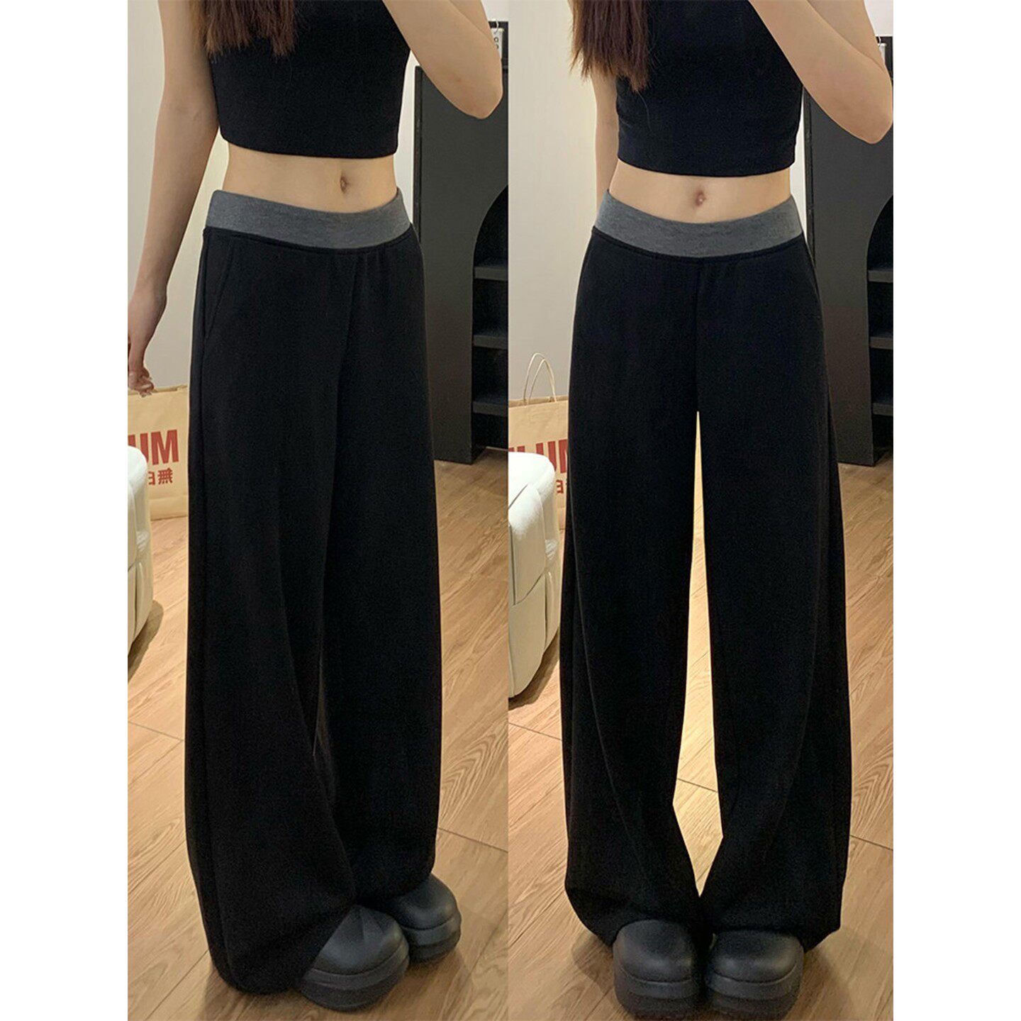 黑色阔腿运动裤女春夏新款拼接高腰休闲裤梨型身材显瘦直筒卫裤