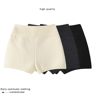 白色针织短裤女秋冬新款复古配靴子外穿a字紧身弹力高腰毛线裤