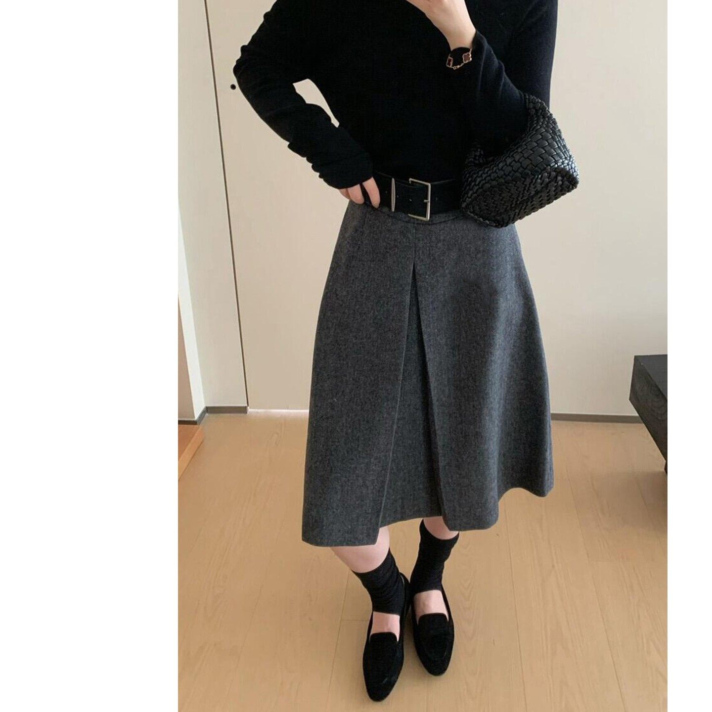 灰色毛呢半身裙女秋冬高腰开叉a字中裙子气质高级感小个子五分裙