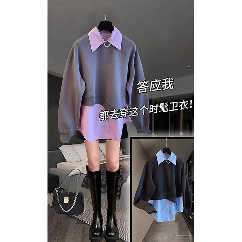 时髦polo领衬衫拼接两件套卫衣女春秋新款中长款不规则加绒上衣