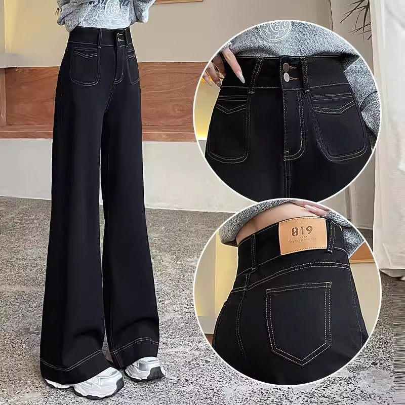超好看黑金色微喇直筒牛仔裤女秋冬加绒高腰显瘦不贴腿阔腿喇叭裤