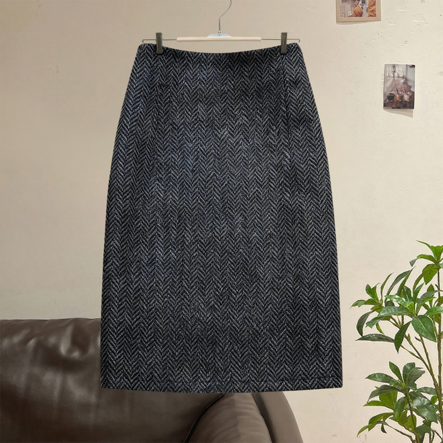 人字纹毛呢半身裙女秋冬高腰显瘦直筒裙配靴子气质高级感短裙中裙