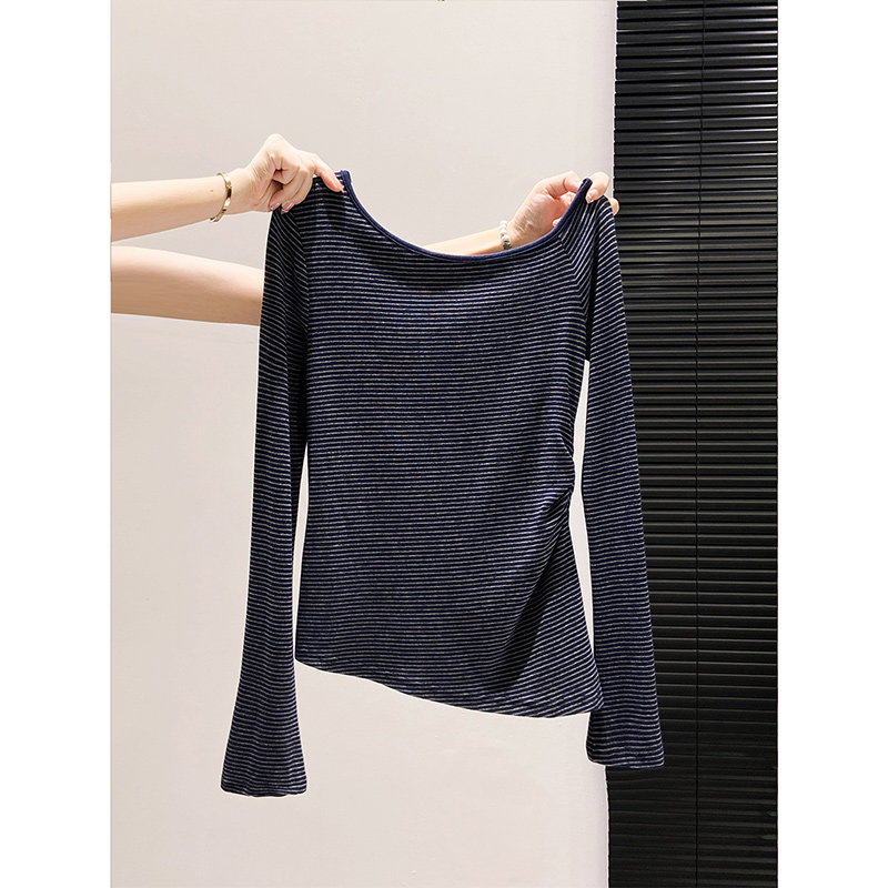 藏青色条纹斜肩长袖t恤女春秋新款打底衫内搭一字领巨好看上衣,女装/女士精品,蕾丝衫/雪纺衫,淘宝优惠券,粉丝福利购,淘宝优惠卷