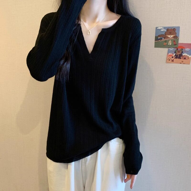 黑色V领长袖T恤女春秋新款宽松慵懒风显瘦休闲针织衫打底衫上衣