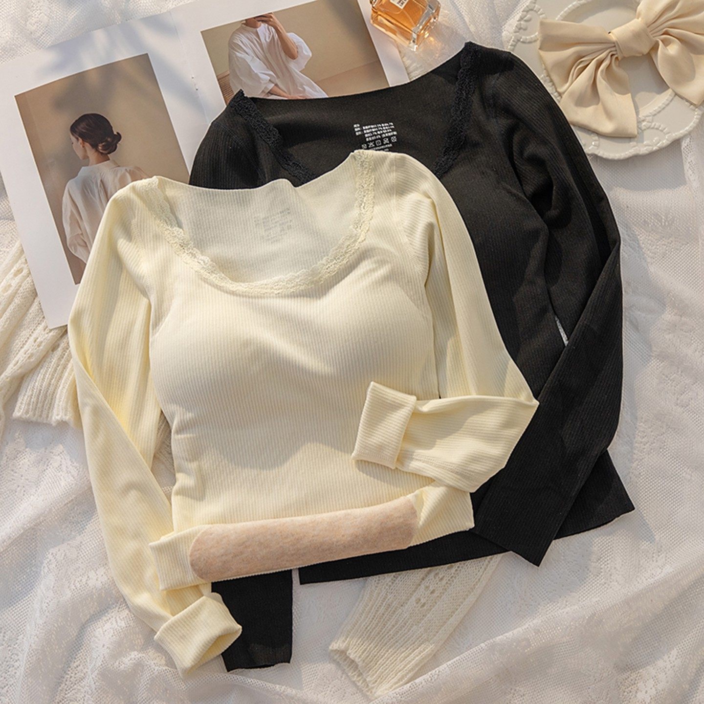 7A羊绒保暖内衣女免穿文胸内搭外穿打底衫蕾丝加绒加厚秋衣裤套装