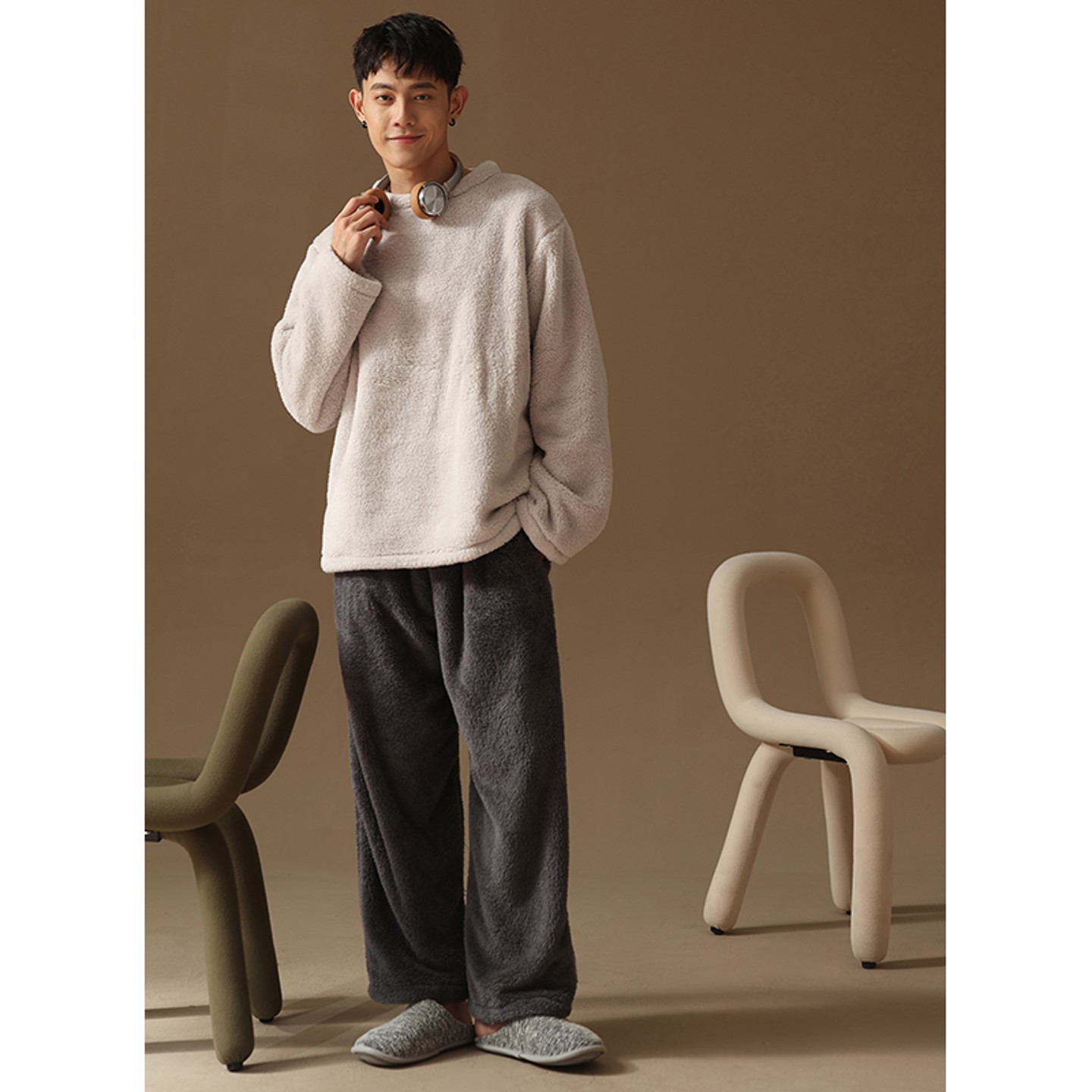 加厚加绒珊瑚绒保暖睡衣男秋冬天毛绒宽松直筒圆领套头家居服套装