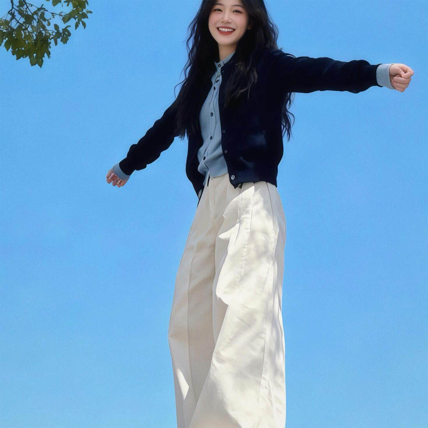 藏青色韩系假两件针织开衫女春季穿搭高级感慵懒外搭毛衣外套上衣