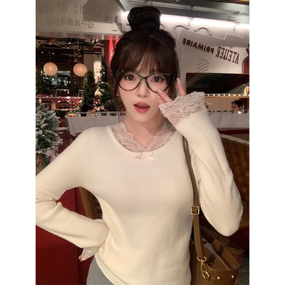 加绒加厚打底衫女秋冬内搭蕾丝长袖针织衫感一体绒上衣1206r