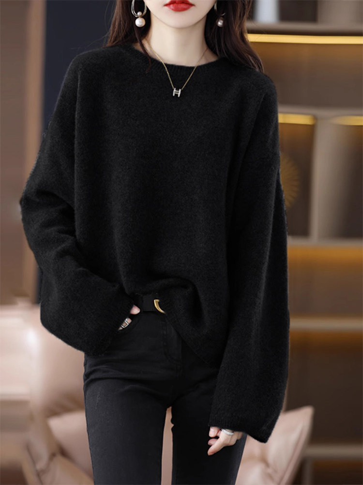 中长款黑色毛衣女秋冬高级感超好看宽松慵懒风落肩打底针织衫上衣