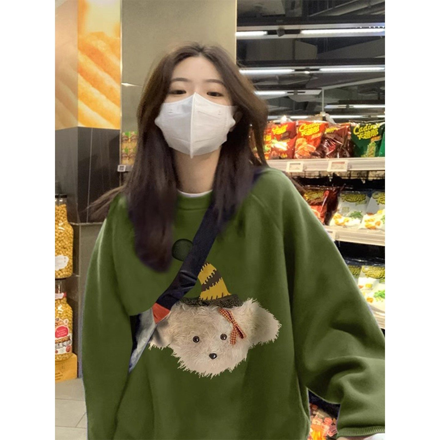 绿色圆领卫衣女秋冬加绒加厚美式复古高级感宽松慵懒风无帽上衣潮