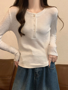 白色半开领螺纹棉长袖T恤女秋冬韩系辣妹穿搭修身内搭打底衫上衣