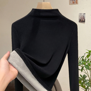 半高领蚕丝德绒打底衫女秋冬羊绒保暖小香风内搭可外穿黑色上衣