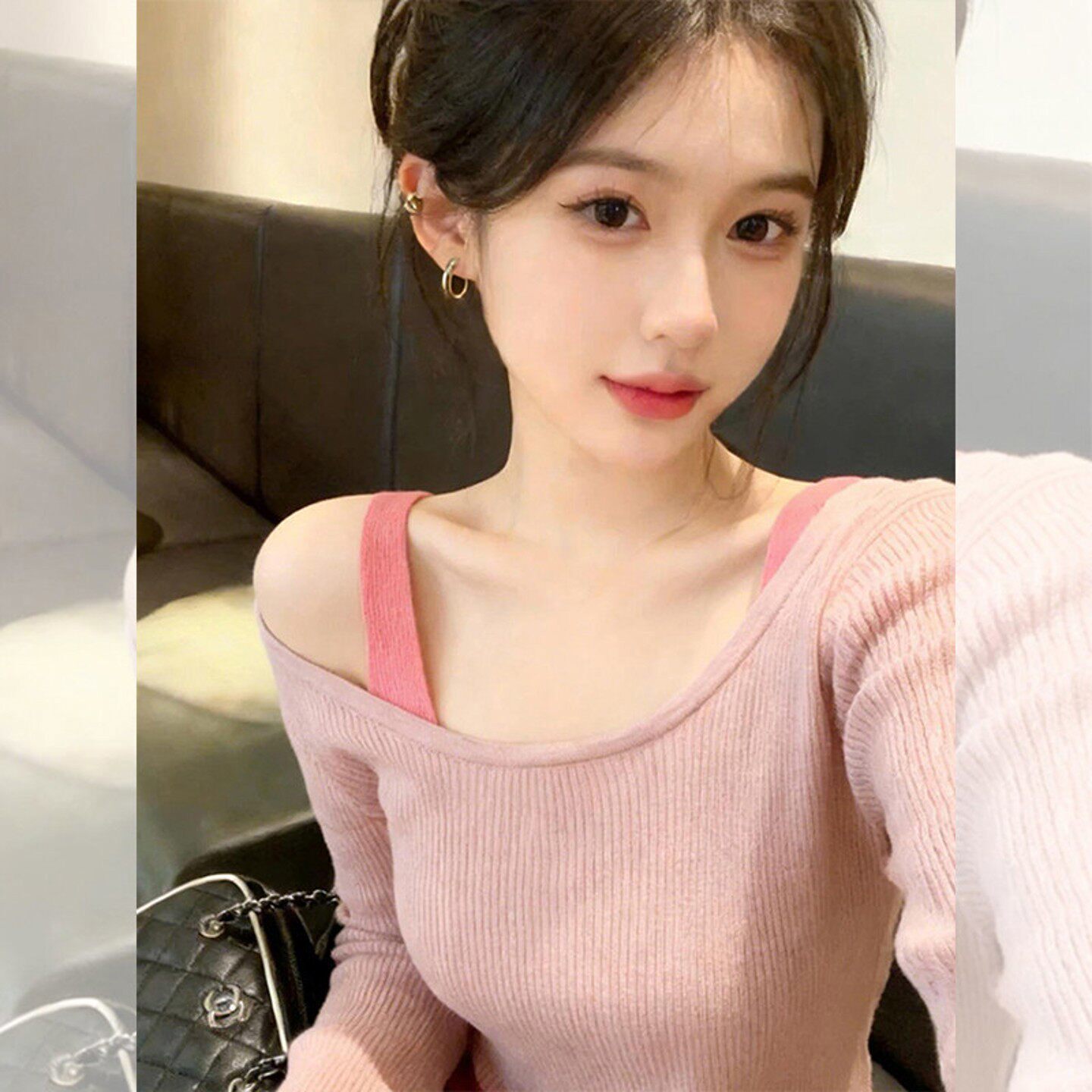 粉色甜辣妹露肩假两件长袖T恤女2026新款春秋纯欲风打底衫上衣