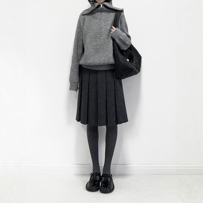 深灰色毛呢半身裙女秋冬新款高腰显瘦a字裙配裤袜梨形身材百褶裙