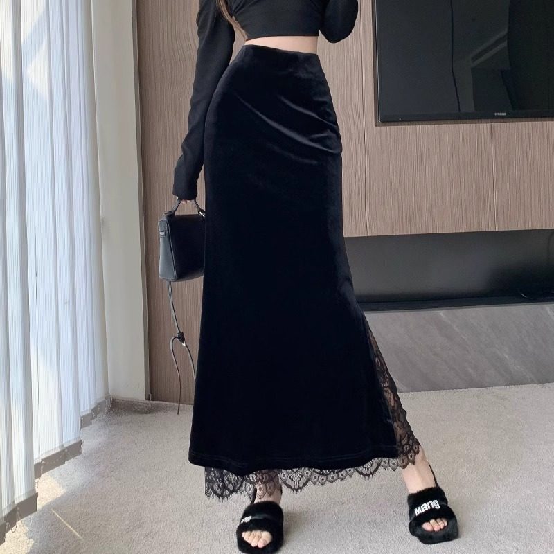 高端黑色金丝绒半身裙女秋冬高腰开叉包臀裙复古显瘦中长款一步裙,户外/登山/野营/旅行用品,速干T恤,淘宝优惠券,粉丝福利购,淘宝优惠卷