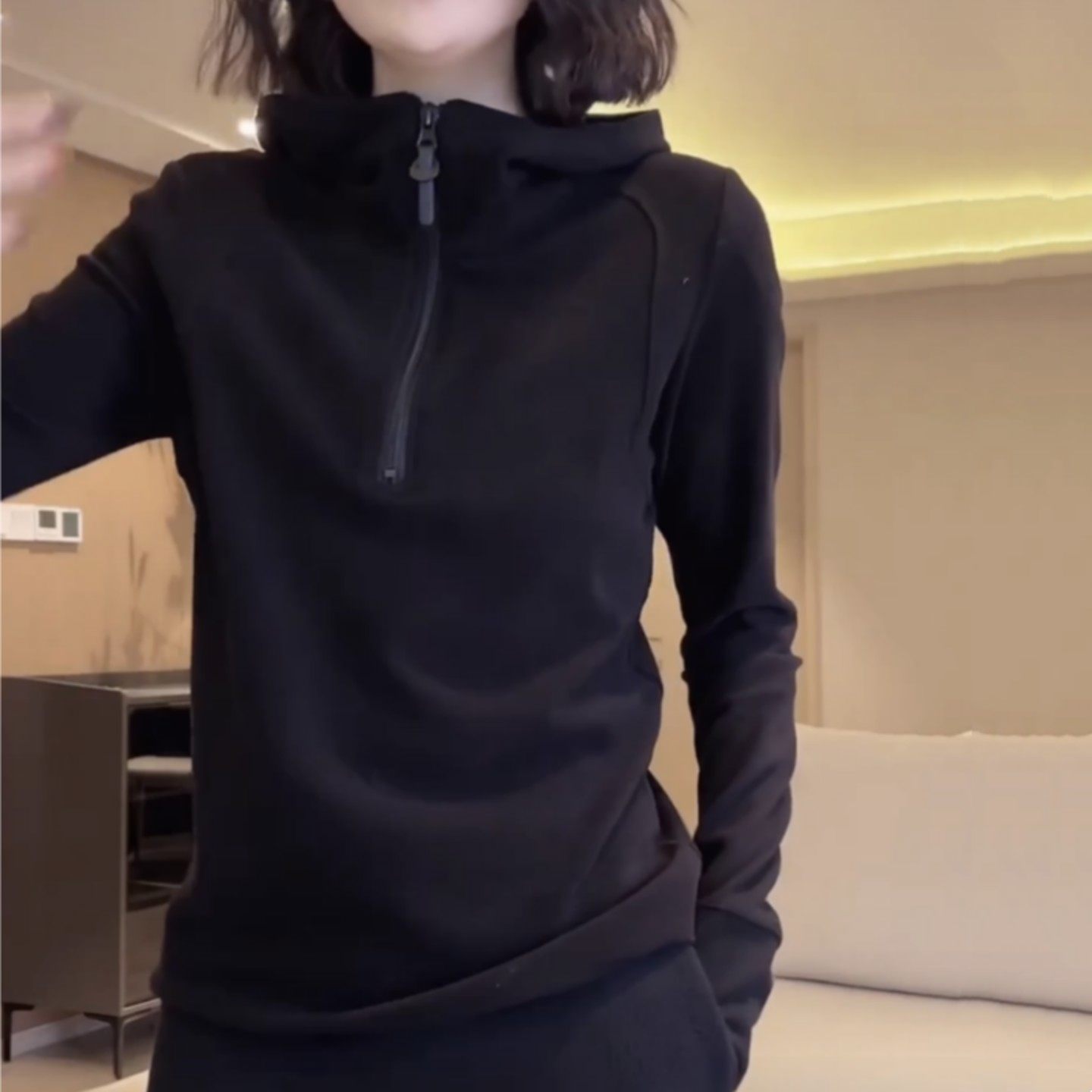 欧货半拉链黑色连帽磨毛加绒卫衣女秋冬新款修身显瘦长袖t恤上衣