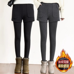 加绒加厚假两件打底裤女外穿秋冬一体裙裤短裤裤裙纯棉保暖棉裤