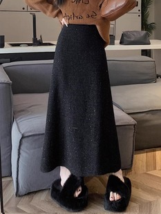 黑色亮丝毛呢半身裙女秋冬中长款粗花a字大摆裙高腰遮胯显瘦伞裙
